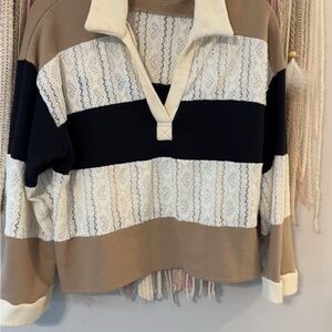Striped Lace Detail Sweater - Tan, Black, Cream